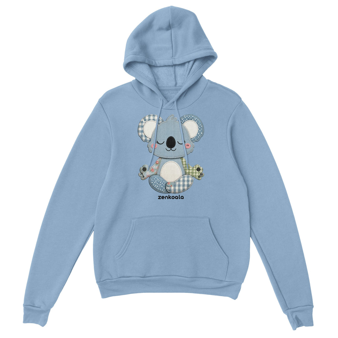 Faux Patchwork Meditating Koala feel-good hoodie in light blue, Zen Koala Australia