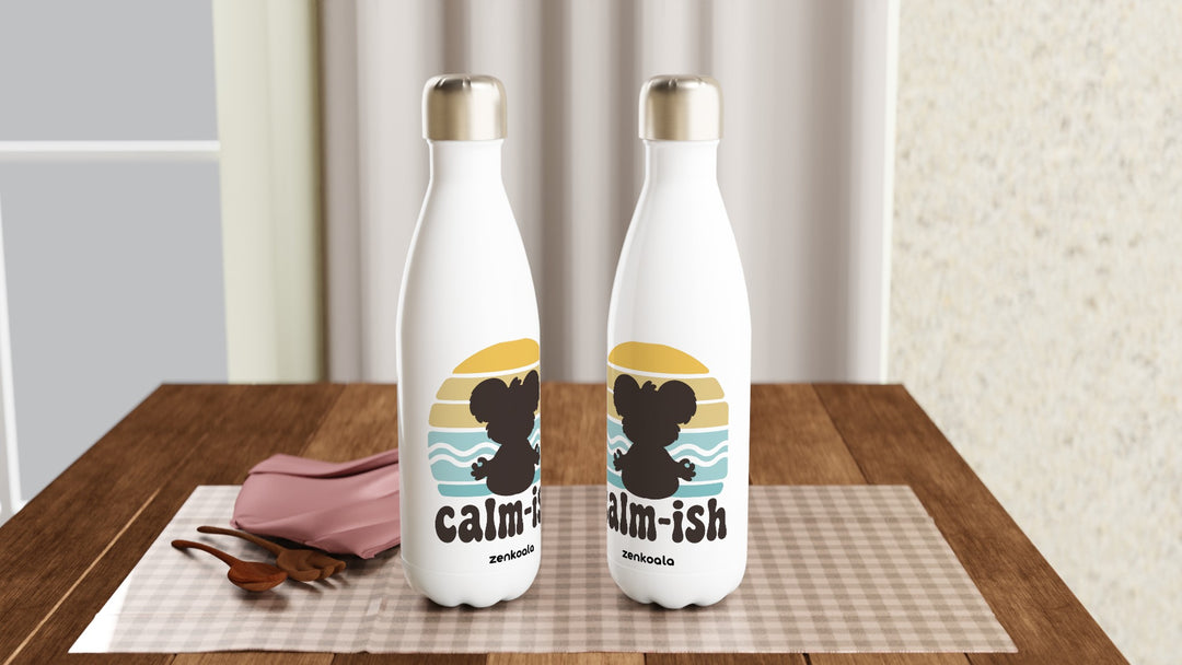 Two Calm-ish Retro Sunset Koala water bottles on a table, Zen Koala Australia
