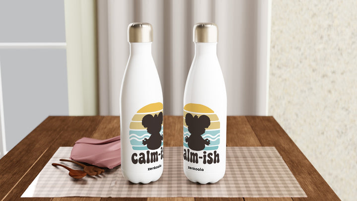 Two Calm-ish Retro Sunset Koala water bottles on a table, Zen Koala Australia