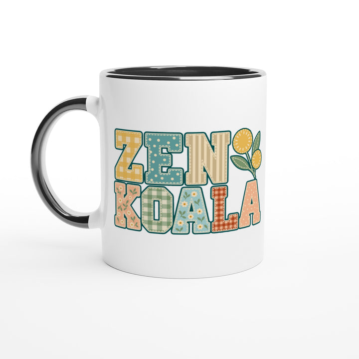 Zen Koala Faux Patchwork mug in black: white with a black rim, inside and handle, Zen Koala Australia