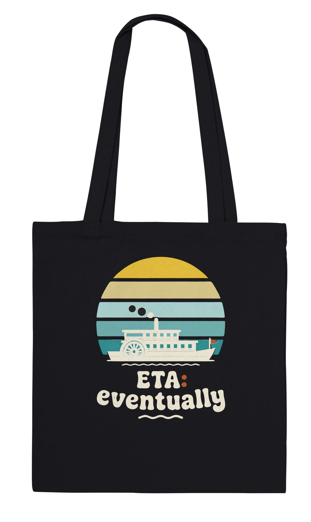 ETA Eventually feel-good tote bag in black: a paddle steamer under a retro sunset, Zen Koala Australia