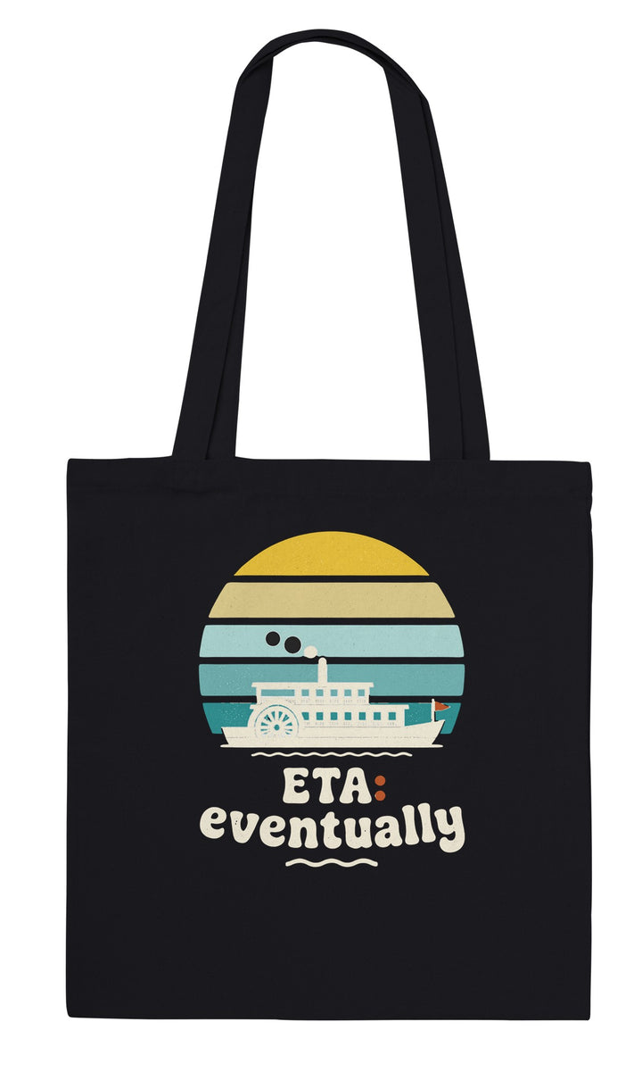 ETA Eventually feel-good tote bag in black: a paddle steamer under a retro sunset, Zen Koala Australia
