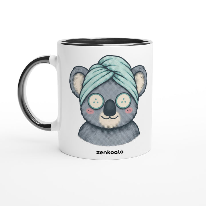 Koala Spa Day mug in black: white with a black rim, inside and handle, Zen Koala Australia