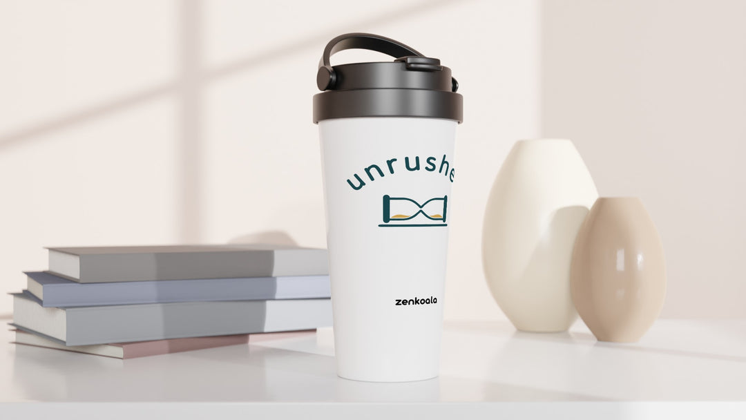 Unrushed travel mug beside books and vases, Zen Koala Australia