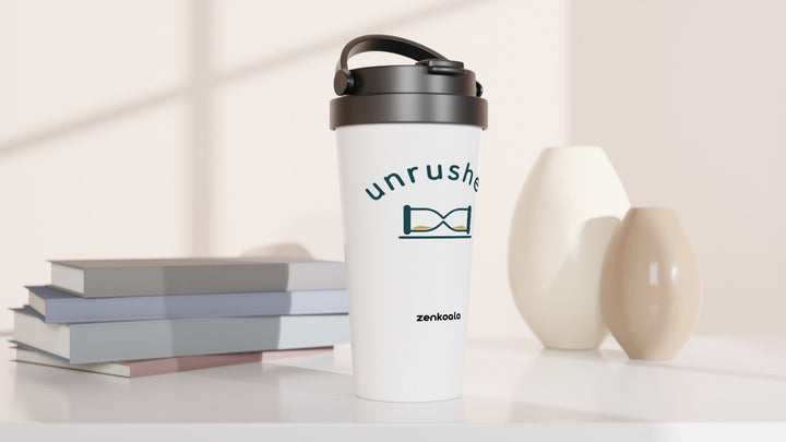 Unrushed travel mug beside books and vases, Zen Koala Australia
