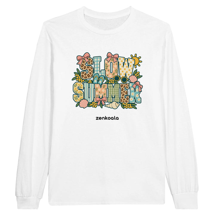 Slow Summer feel-good long sleeve tee in white, Zen Koala Australia