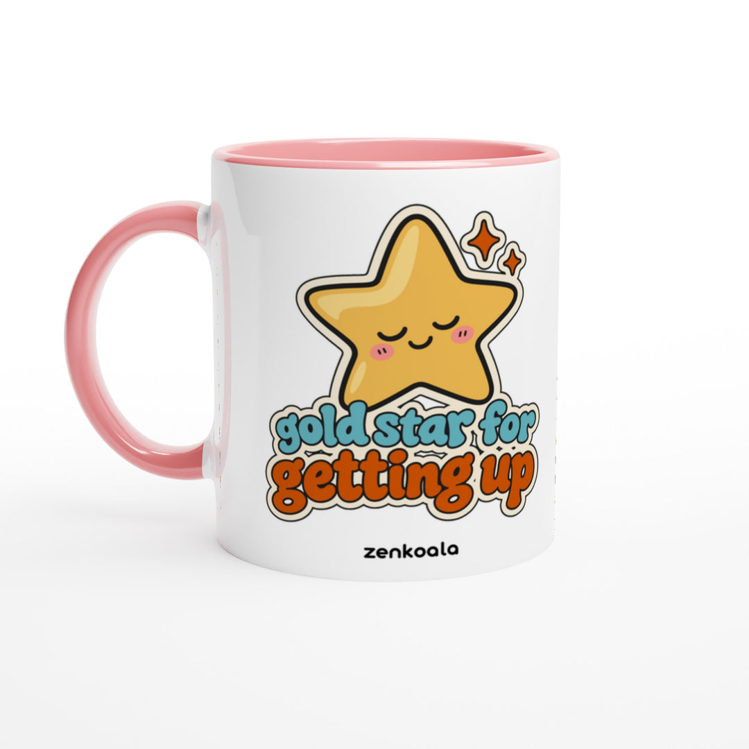 Gold Star for Getting Up mug in pink: white with a pink rim, inside and handle, Zen Koala Australia