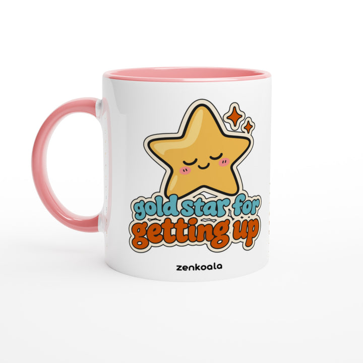 Gold Star for Getting Up mug in pink: white with a pink rim, inside and handle, Zen Koala Australia