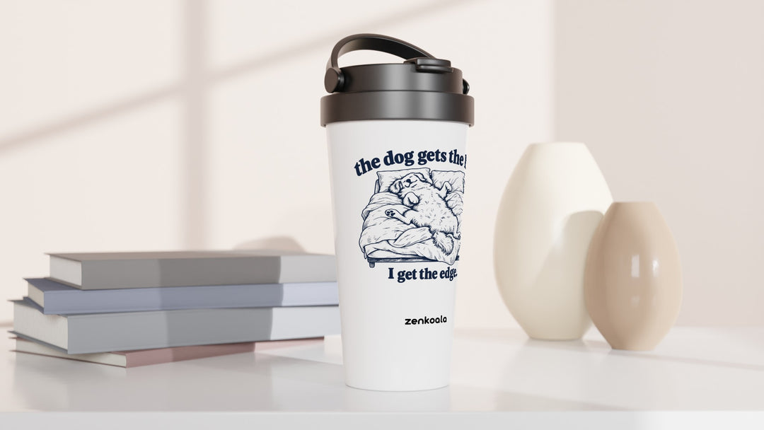 The Dog Gets the Bed travel mug beside books and vases, Zen Koala Australia