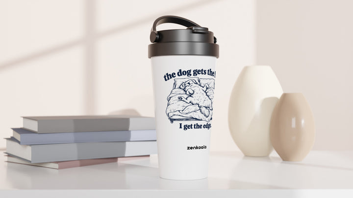 The Dog Gets the Bed travel mug beside books and vases, Zen Koala Australia