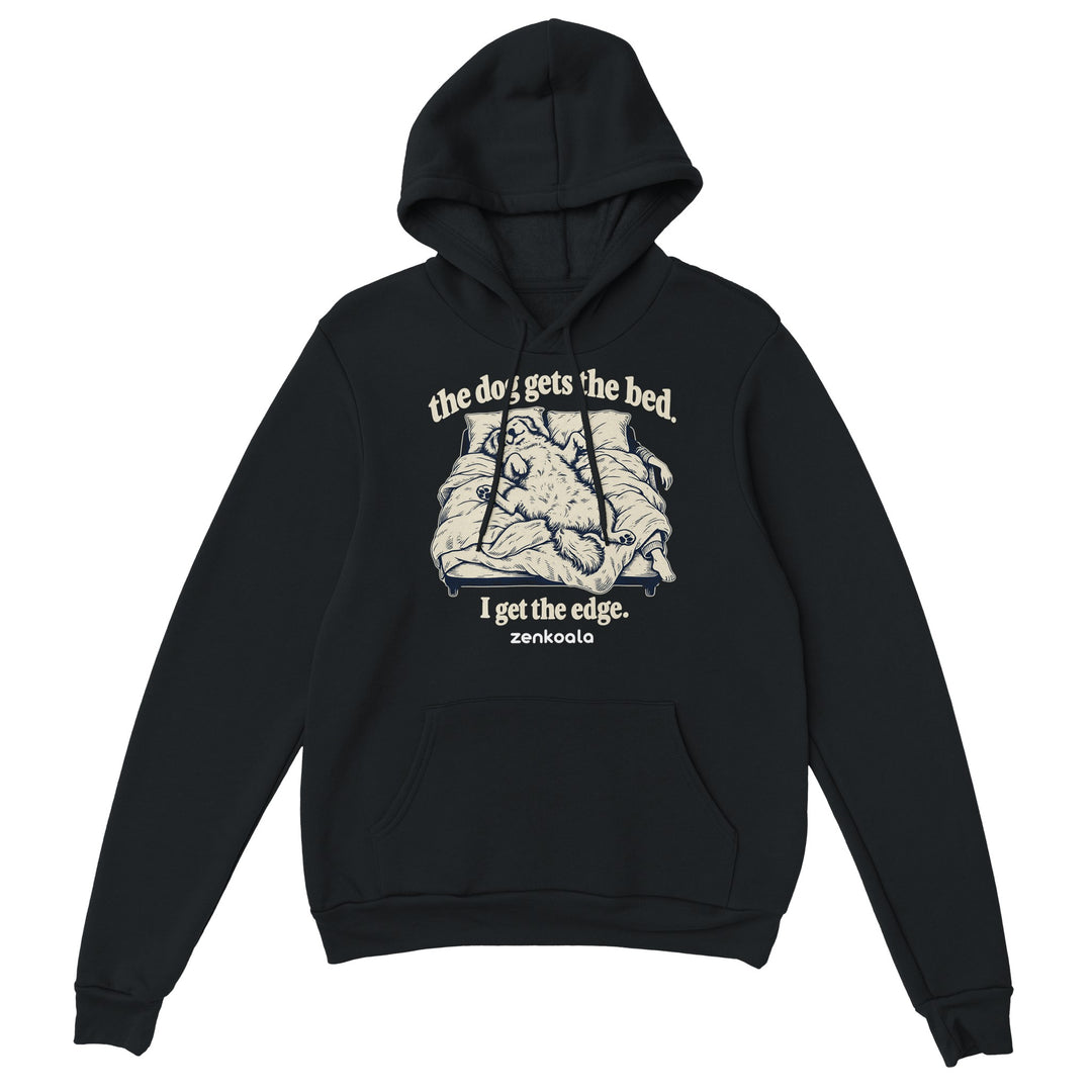 The Dog Gets the Bed feel-good hoodie in black: a dog sprawled across the whole bed, Zen Koala Australia