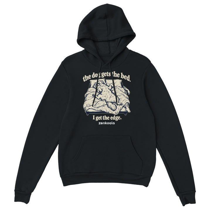 The Dog Gets the Bed feel-good hoodie in black: a dog sprawled across the whole bed, Zen Koala Australia