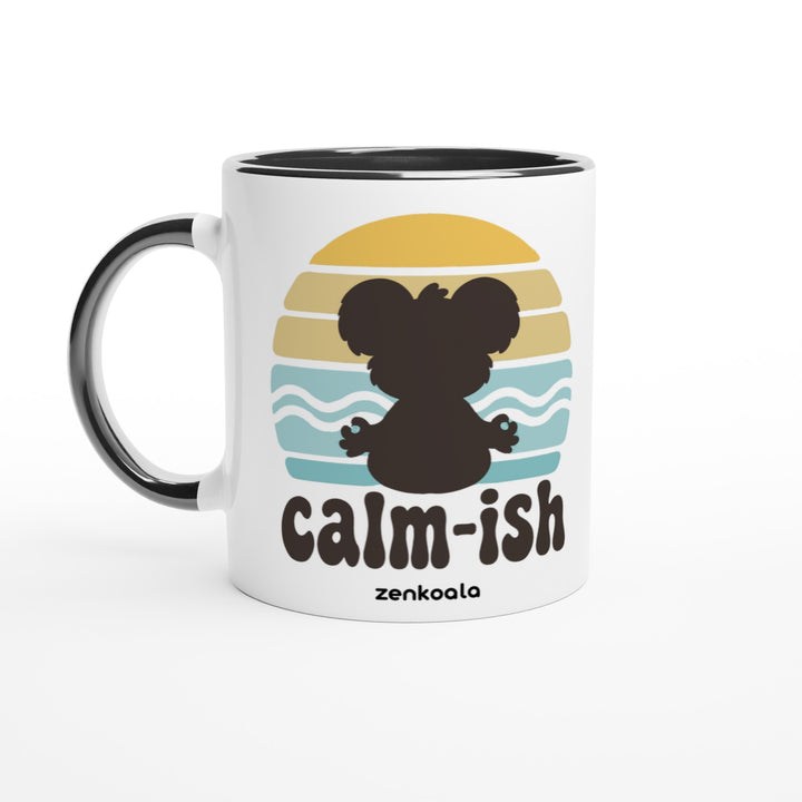 Calm-ish Retro Sunset Koala mug in black: white with a black rim, inside and handle, Zen Koala Australia
