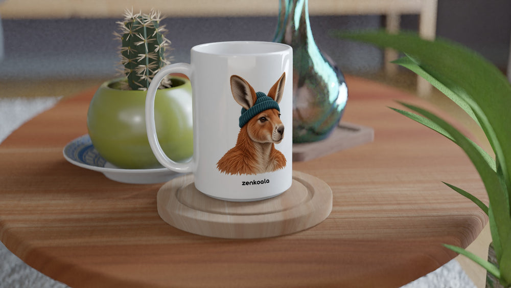 Kangaroo Beanie 15oz mug on a wooden table with a cactus, Zen Koala Australia