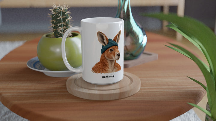 Kangaroo Beanie 15oz mug on a wooden table with a cactus, Zen Koala Australia