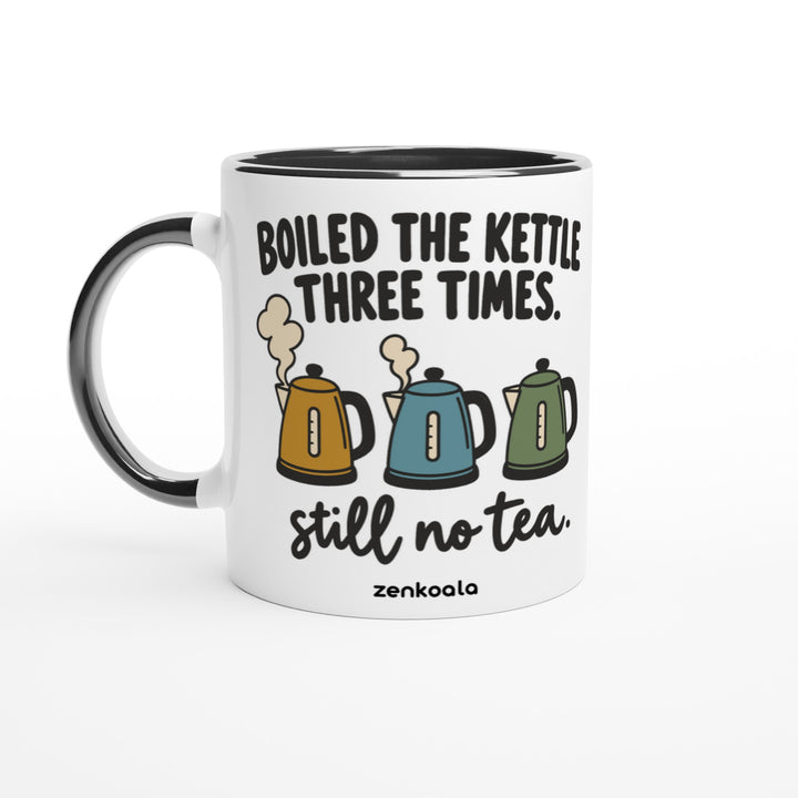 Boiled the Kettle Three Times mug in black: white with a black rim, inside and handle, Zen Koala Australia