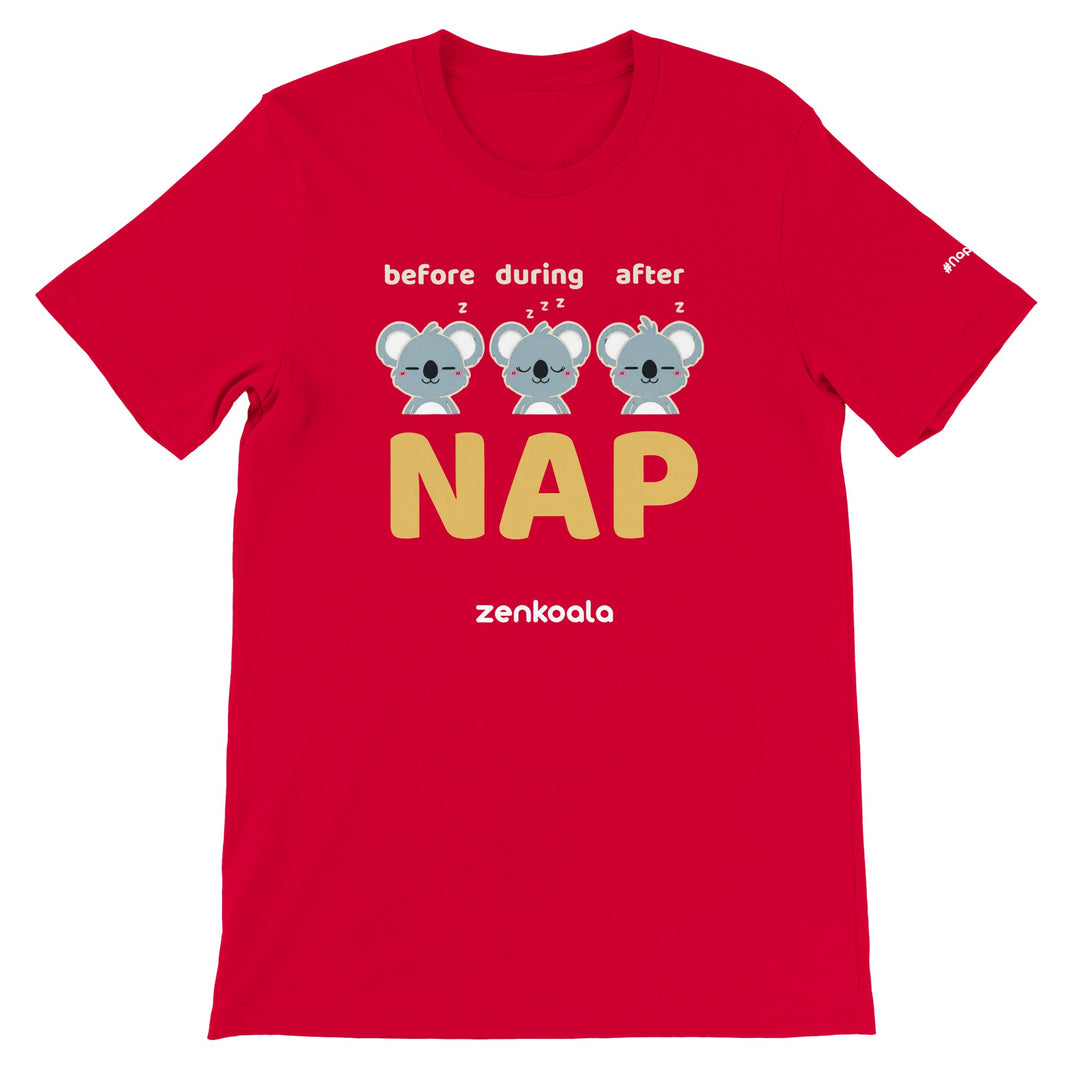 Before During After Nap feel-good tee in red — three sleepy koalas and one big NAP, Zen Koala Australia