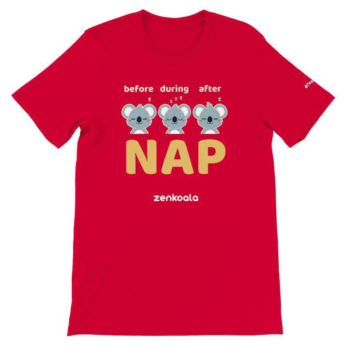Before During After Nap feel-good tee in red — three sleepy koalas and one big NAP, Zen Koala Australia