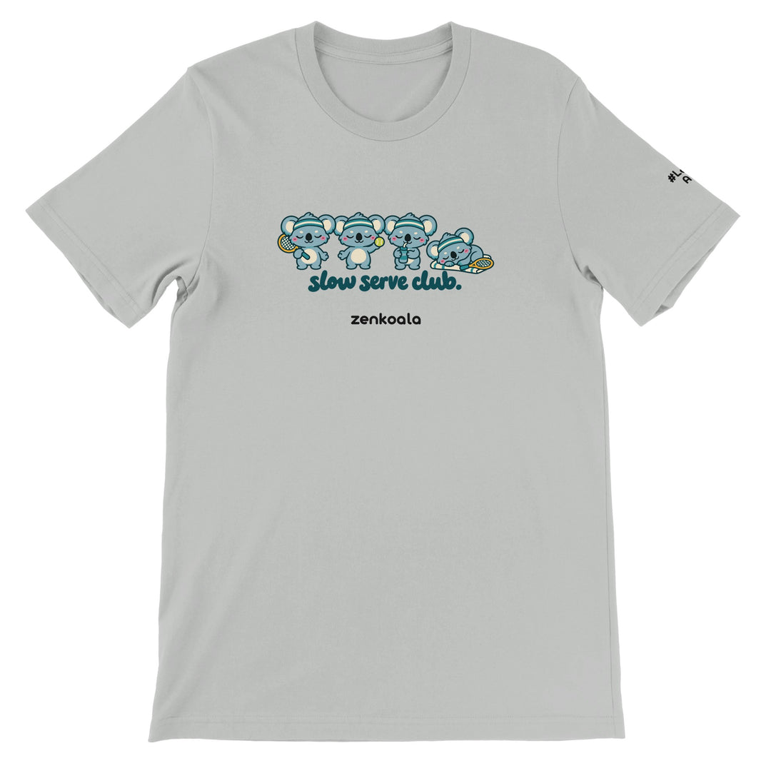 Slow Serve Club feel-good tee in silver, Zen Koala Australia
