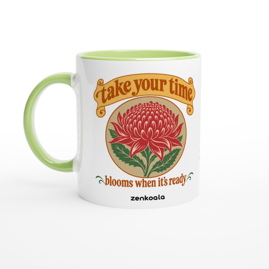 Take Your Time mug in green: white with a green rim, inside and handle, Zen Koala Australia