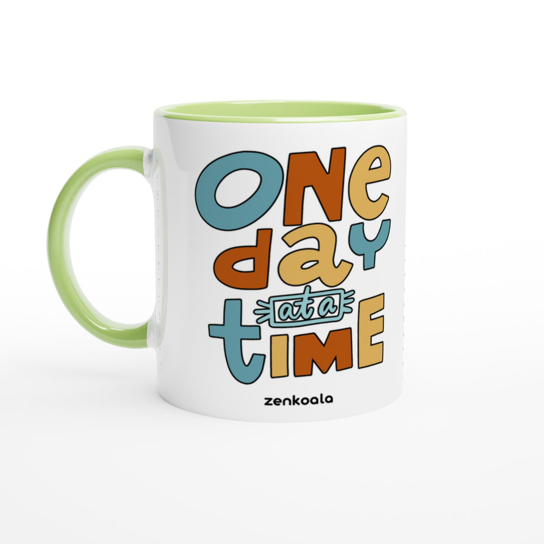 One Day at a Time mug in green: white with a green rim, inside and handle, Zen Koala Australia