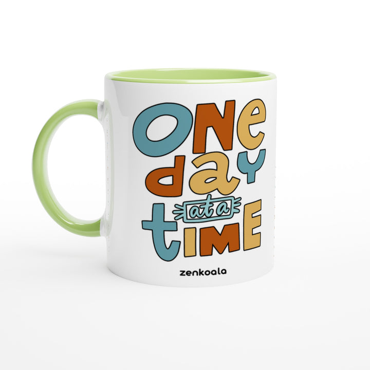 One Day at a Time mug in green: white with a green rim, inside and handle, Zen Koala Australia