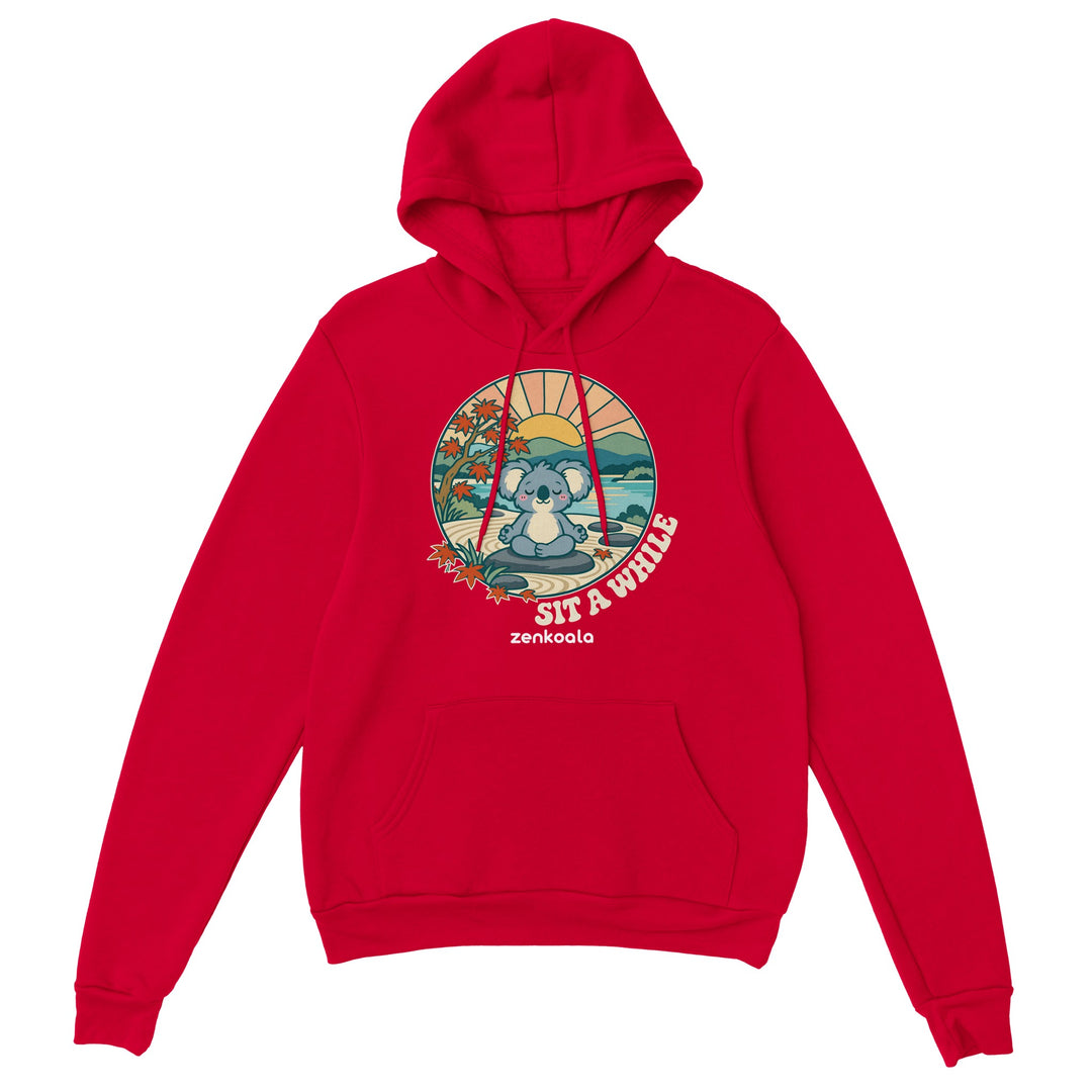 Sit a While feel-good hoodie in red, Zen Koala Australia