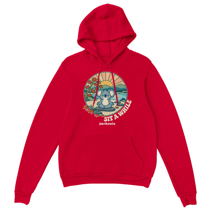 Sit a While feel-good hoodie in red, Zen Koala Australia