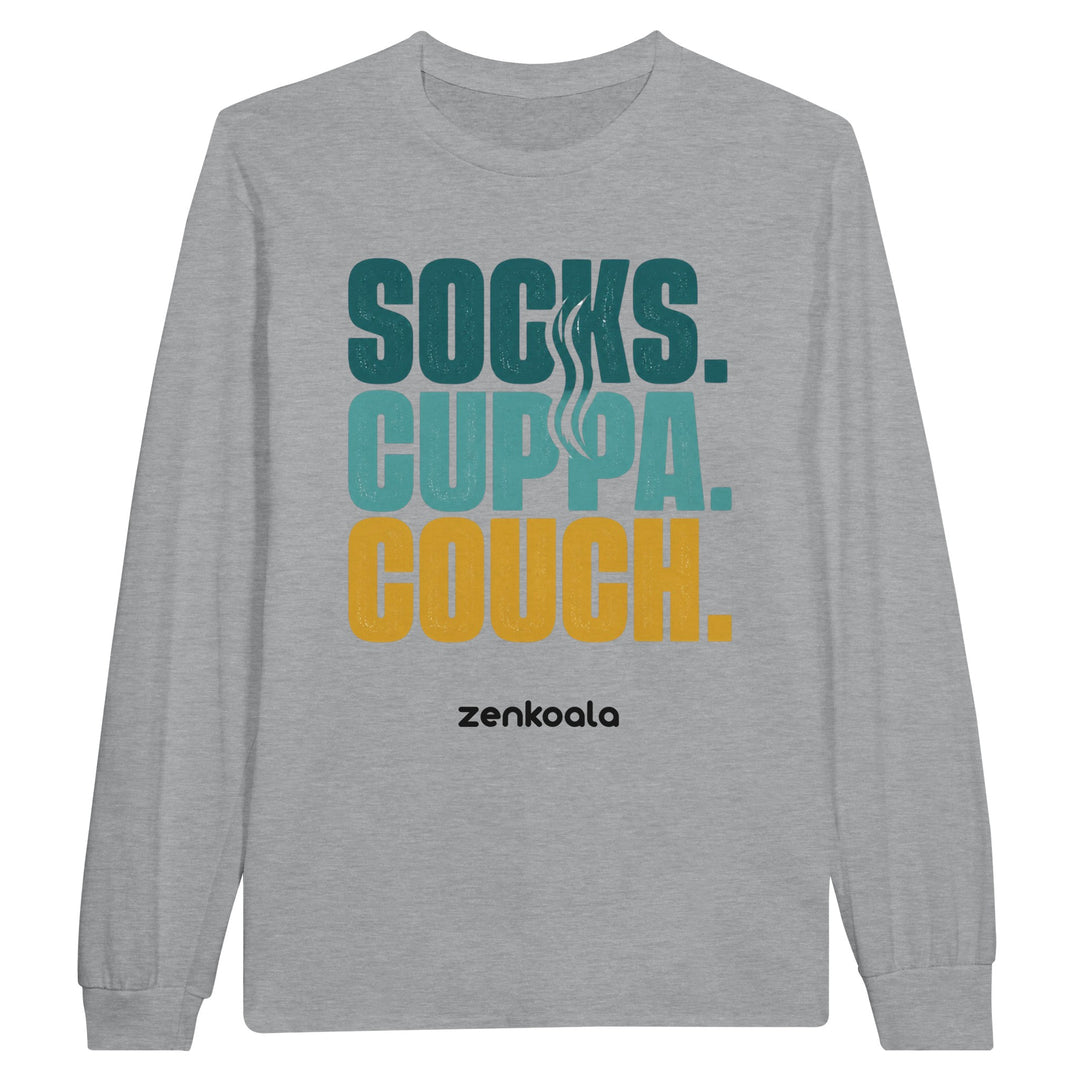 Socks Cuppa Couch long sleeve tee in sports grey — retro stacked type for a cosy night in, Zen Koala Australia