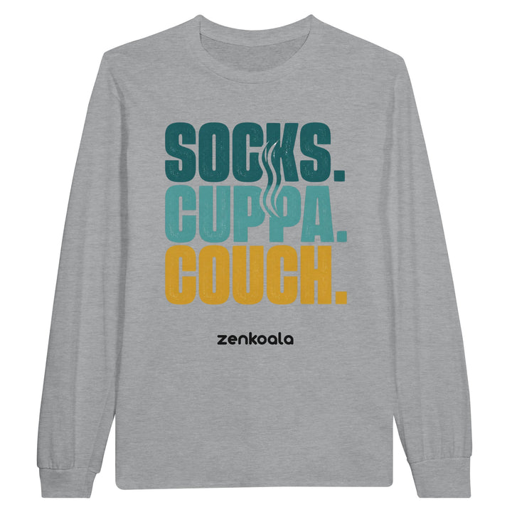 Socks Cuppa Couch long sleeve tee in sports grey — retro stacked type for a cosy night in, Zen Koala Australia