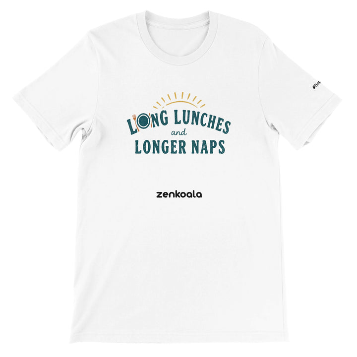 Long Lunches and Longer Naps feel-good tee in white — sunny retro type with a knife-and-fork O, Zen Koala Australia