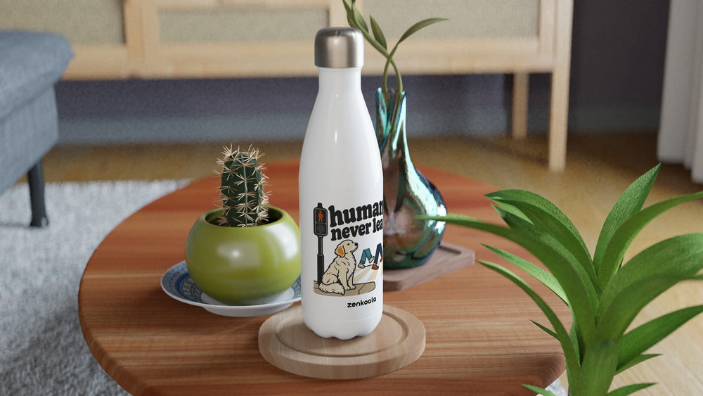 Humans Never Learn water bottle on a wooden table with a cactus, Zen Koala Australia