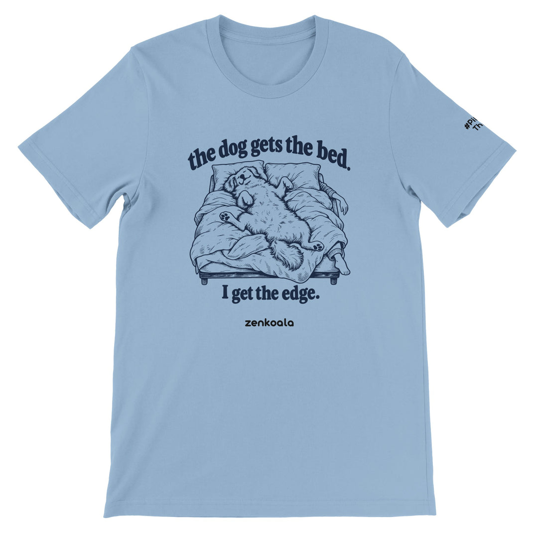 The Dog Gets the Bed feel-good tee in light blue, Zen Koala Australia