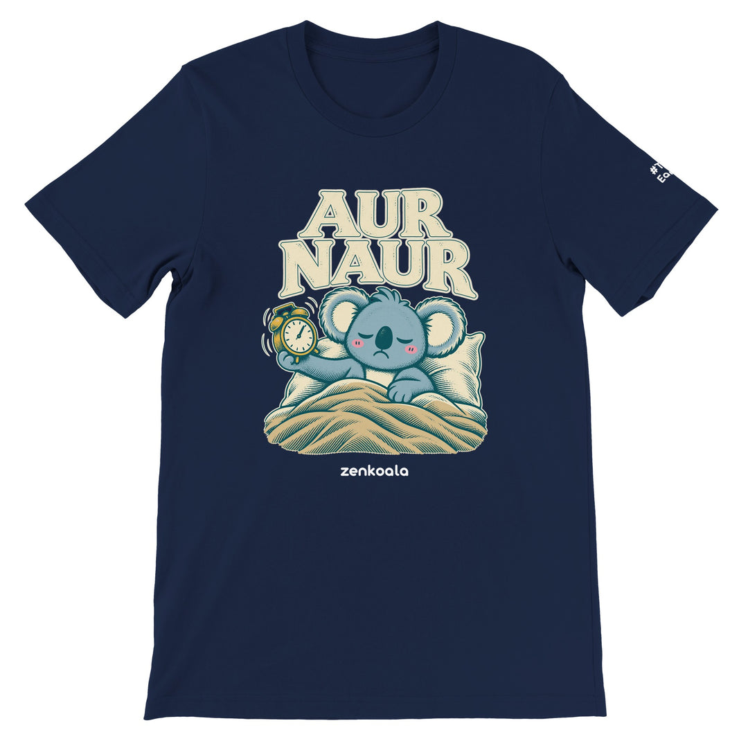 Aur Naur feel-good tee in navy: a betrayed koala holding a ringing alarm clock, Zen Koala Australia