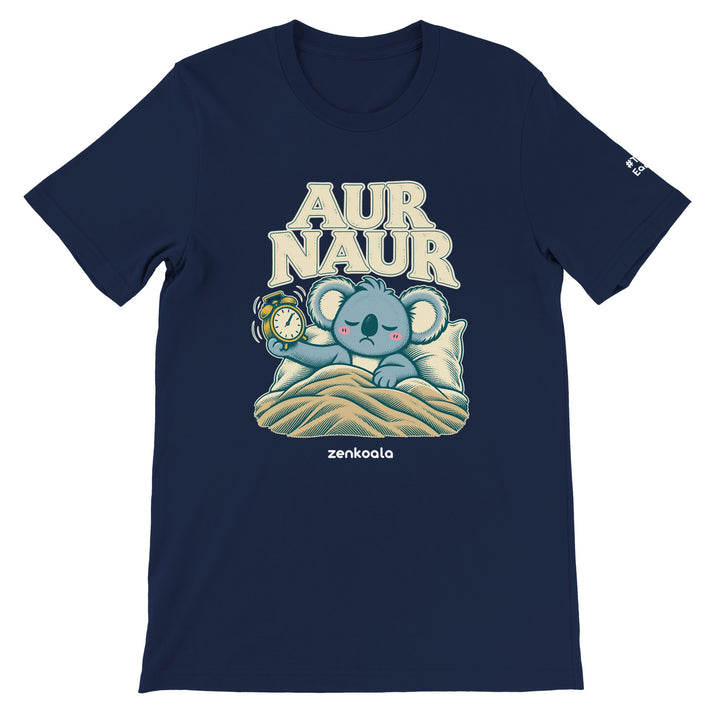 Aur Naur feel-good tee in navy: a betrayed koala holding a ringing alarm clock, Zen Koala Australia