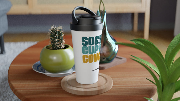 Socks Cuppa Couch travel mug on a wooden table with a cactus, Zen Koala Australia