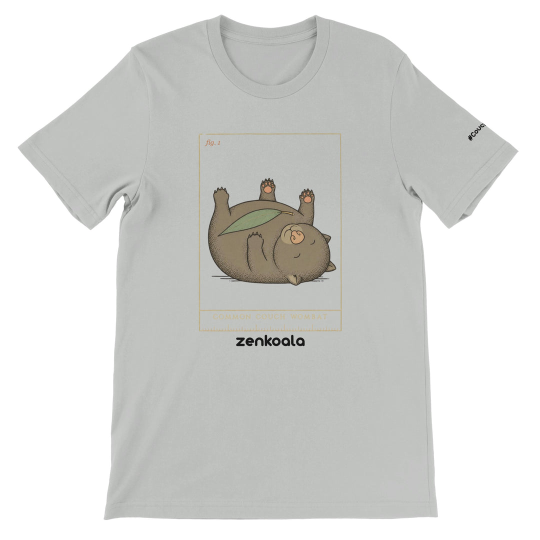 Common Couch Wombat feel-good tee in silver — a vintage field-guide wombat flat out with a gum leaf, Zen Koala Australia