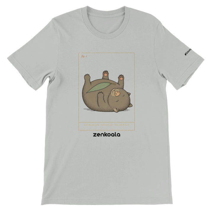 Common Couch Wombat feel-good tee in silver — a vintage field-guide wombat flat out with a gum leaf, Zen Koala Australia