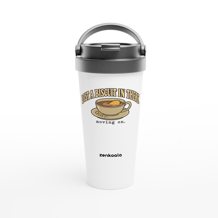 Lost a Biscuit in There feel-good travel mug: a biscuit sinking in a cuppa, Zen Koala Australia