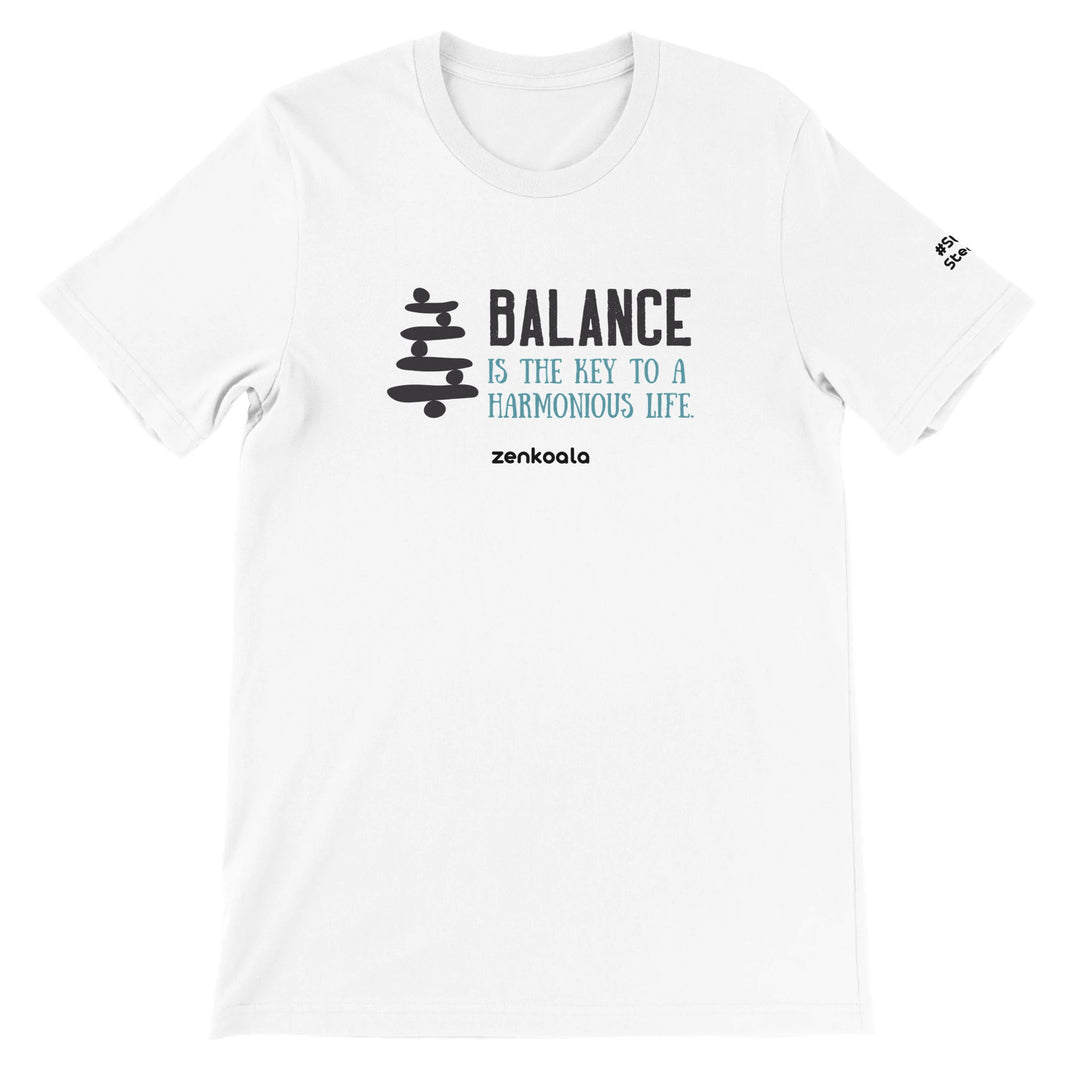 Balance feel-good tee in white: a stack of balancing stones, Zen Koala Australia