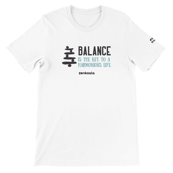 Balance feel-good tee in white: a stack of balancing stones, Zen Koala Australia