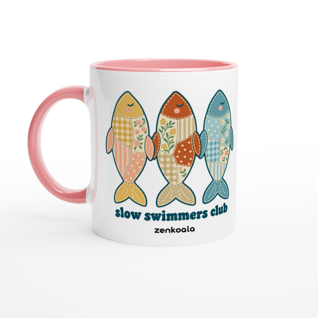 Slow Swimmers Club mug in pink: white with a pink rim, inside and handle, Zen Koala Australia