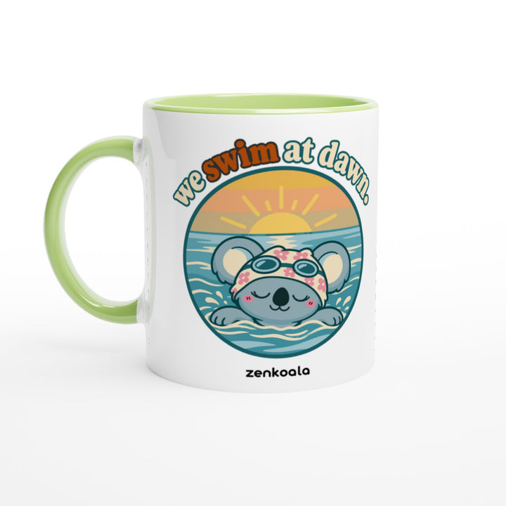 We Swim at Dawn mug in green: white with a green rim, inside and handle, Zen Koala Australia