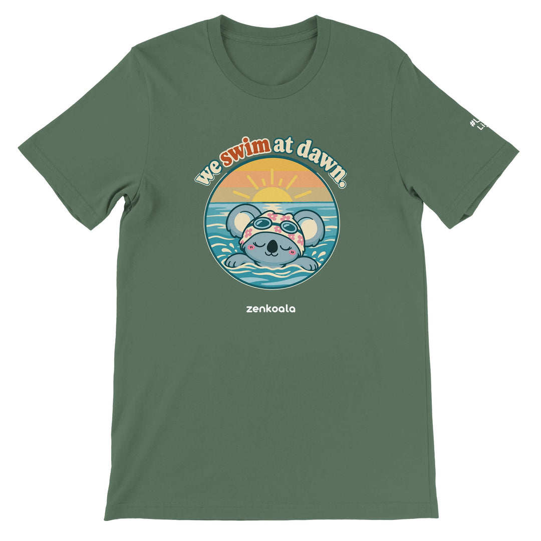 We Swim at Dawn feel-good tee in military green, Zen Koala Australia