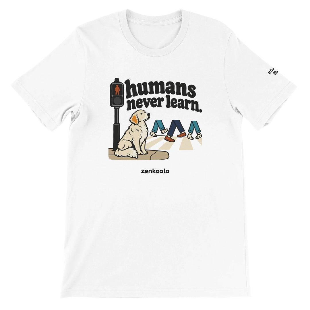 Humans Never Learn feel-good tee in white, Zen Koala Australia