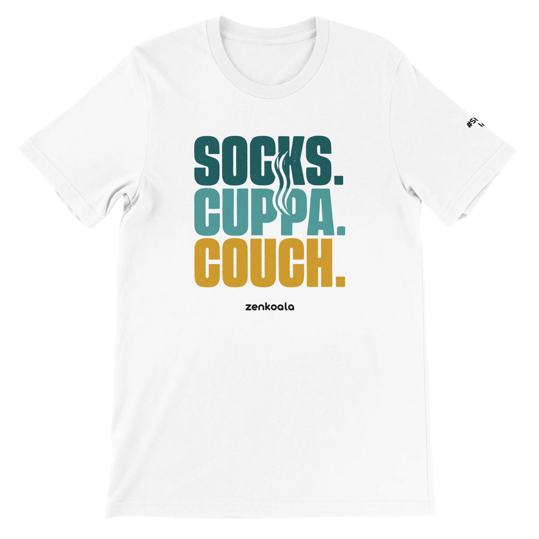 Socks Cuppa Couch feel-good tee in white, Zen Koala Australia