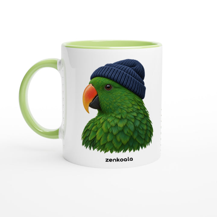 Parrot Beanie feel-good mug: a green parrot in a beanie, Zen Koala Australia