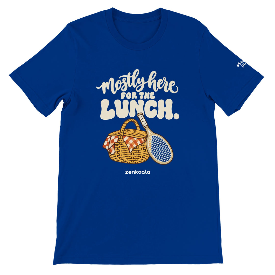 Mostly Here for the Lunch feel-good tee in true royal, Zen Koala Australia