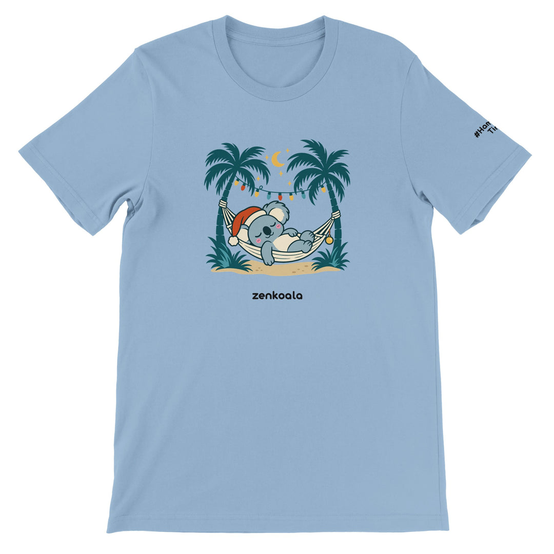 Koala Santa Hammock feel-good tee in light blue, Zen Koala Australia