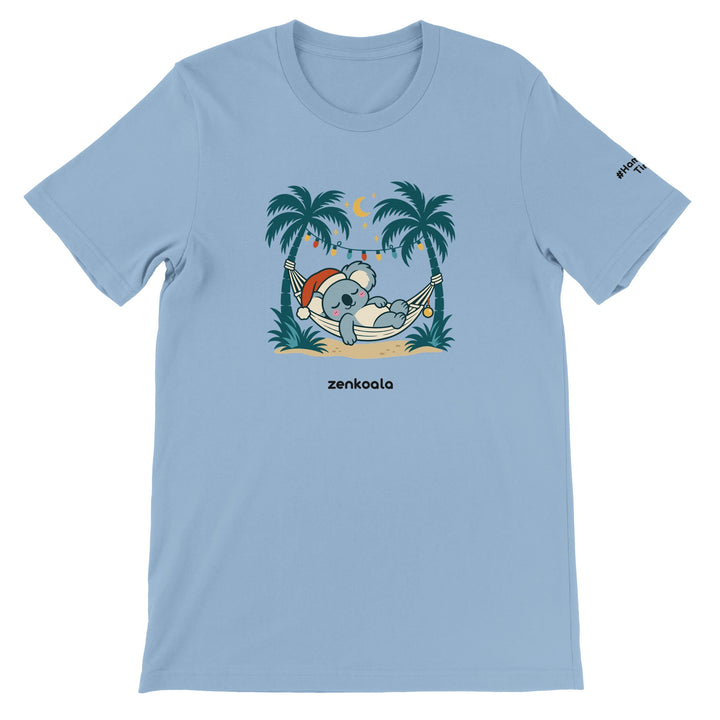 Koala Santa Hammock feel-good tee in light blue, Zen Koala Australia